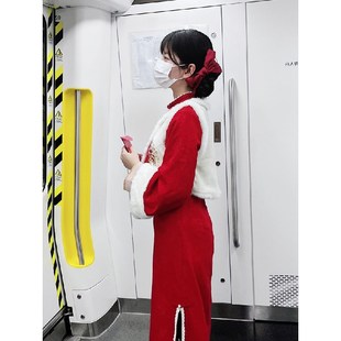 大码胖mm新中式国风毛绒马甲红色旗袍连衣裙女秋冬过年拜年套装裙