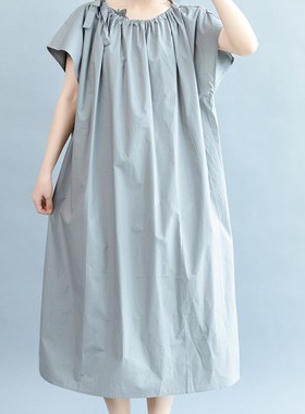 清濯灰色领口抽绳系带短袖棉布连衣裙蝙蝠袖直筒宽松套头长款裙子