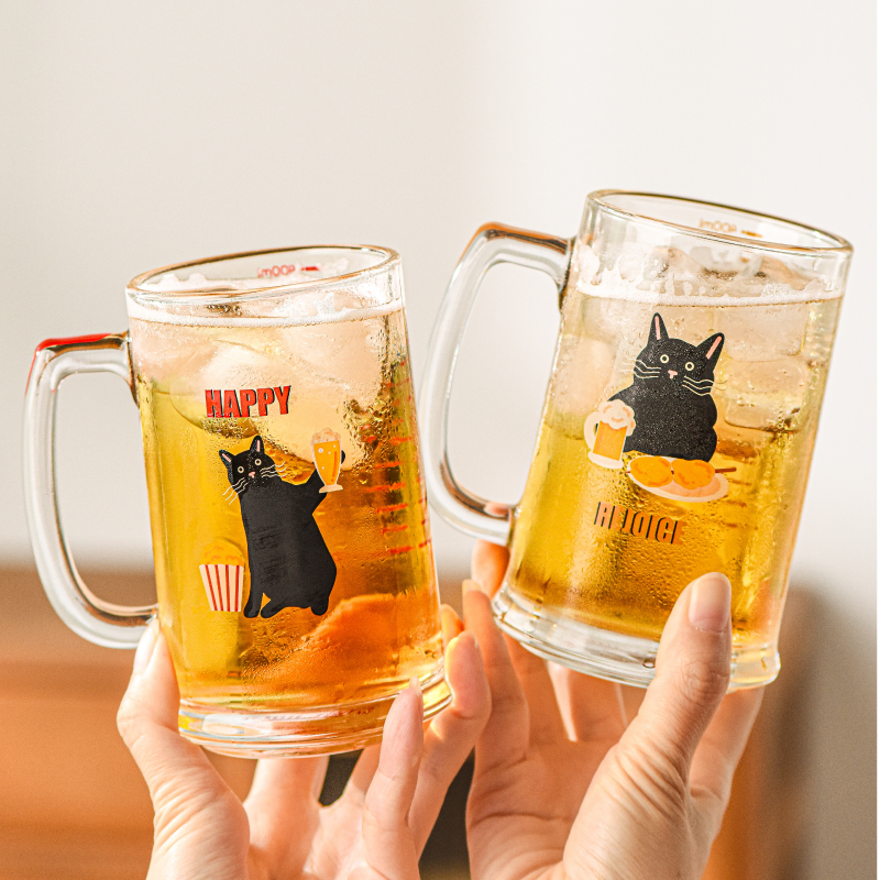 啤酒猫卡通啤酒杯带手柄加厚玻璃水杯家用果汁杯耐用大容量杯子
