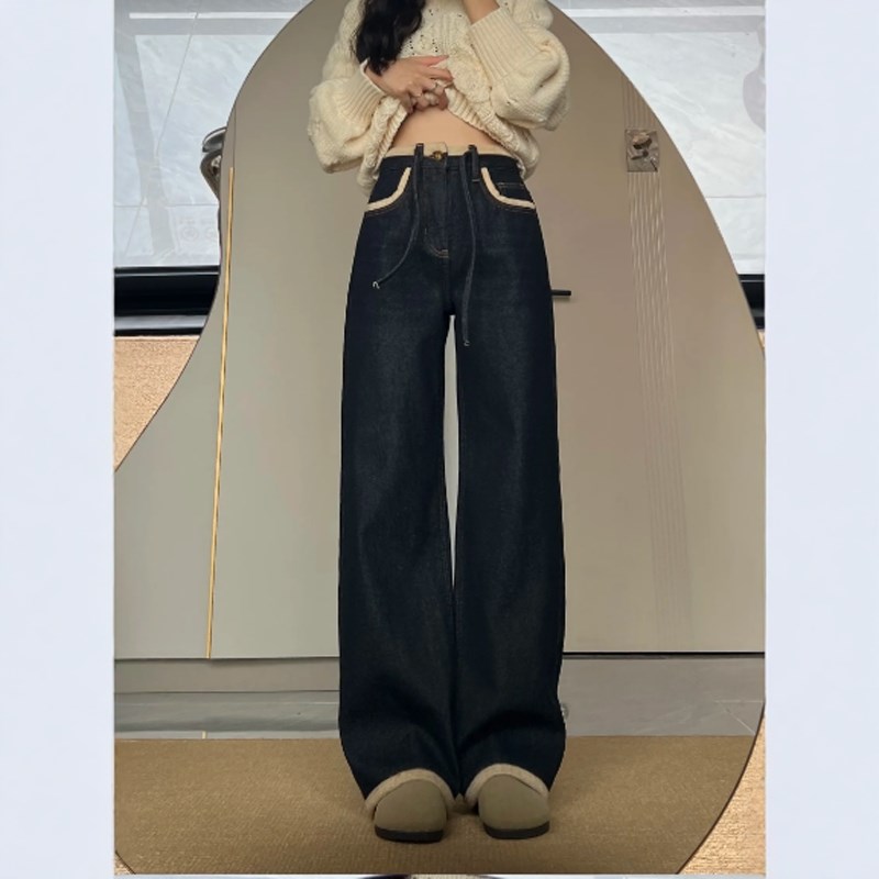 复古深蓝色高腰加绒加厚牛仔裤女2024冬季新款窄版显瘦直筒阔腿裤