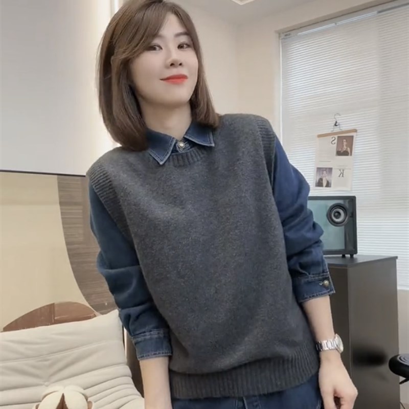 2023新款秋冬牛仔衬衫女中长款加绒加厚叠穿宽松休闲打底衬衣外套