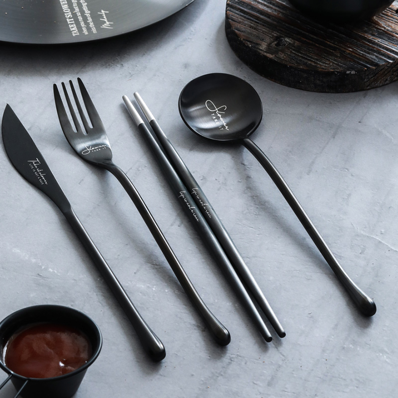 工业风黑色系不锈钢中西餐具汤勺调羹泡面叉牛排刀筷子甜品咖啡勺