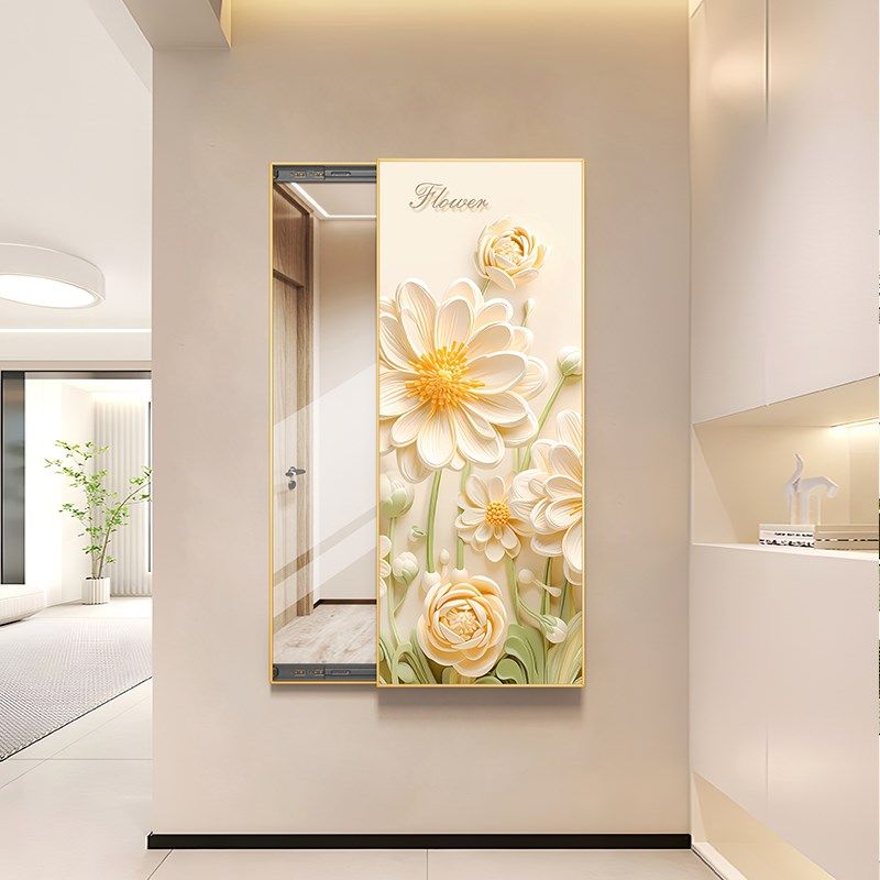 奶油风入户玄关装饰画客厅隐形穿衣镜壁画L卧室暗藏式推拉全身镜