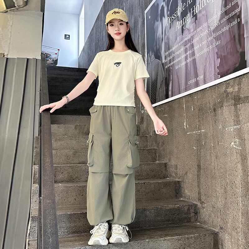 女大童夏装套装202n5新款儿童洋气少女学生时髦酷飒风工装裤两件