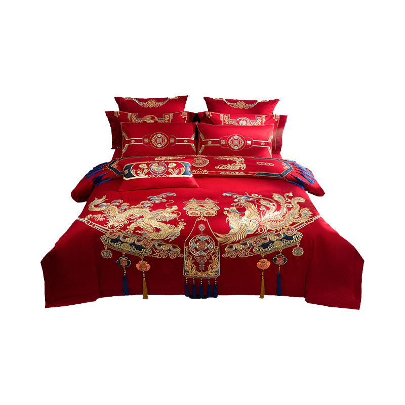 中式龙凤婚庆全棉刺绣结婚w四件套喜庆大红色被套婚房床上用品,床上用品,婚庆床品套件,淘宝优惠券,粉丝福利购,淘宝优惠卷