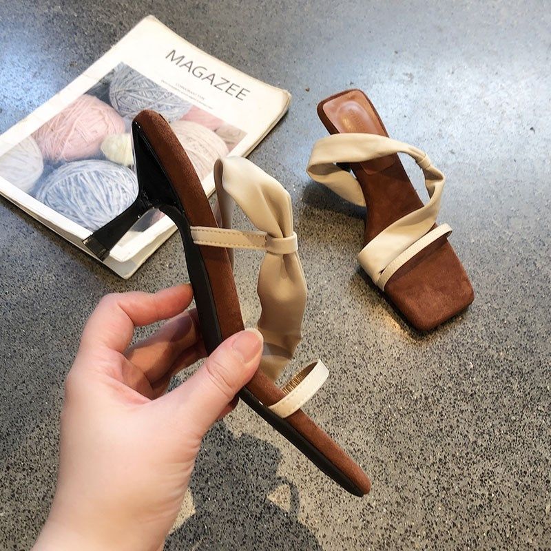 2025年夏季新j款方头露趾绕带细跟凉鞋时尚外穿绒面一字带高跟拖,女鞋,一字带凉鞋,淘宝优惠券,粉丝福利购,淘宝优惠卷