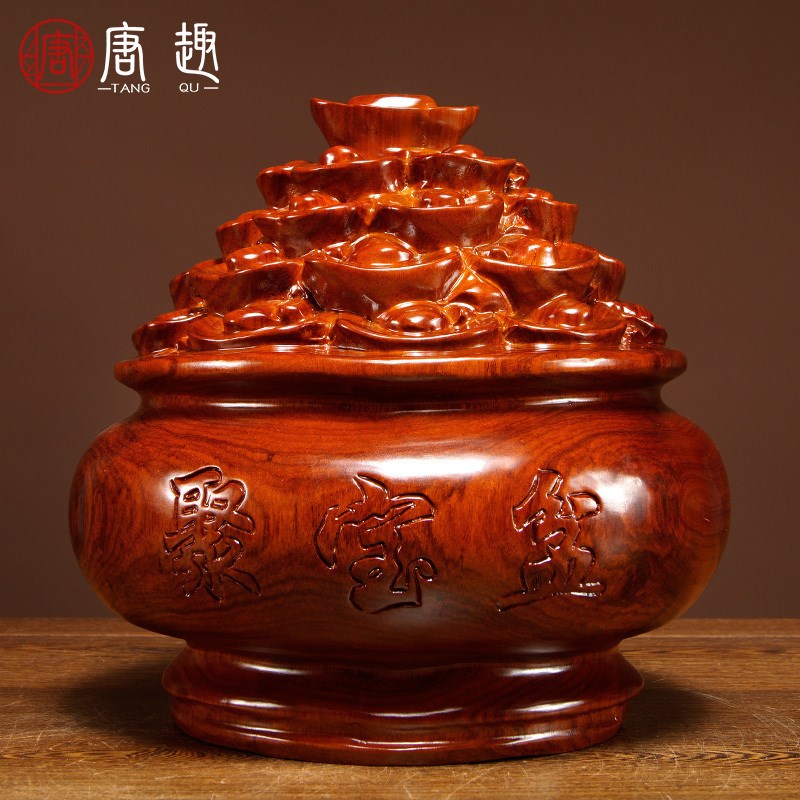 花梨木雕刻聚宝盆摆件o红木工艺品五路财神聚宝盆店铺开业红木礼