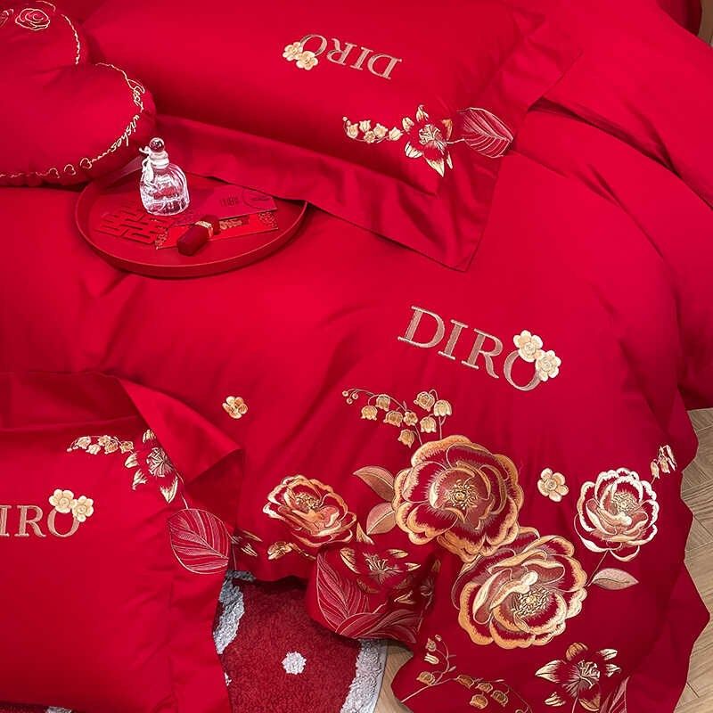 中式婚庆100支长绒棉全棉四件套刺绣F结婚陪嫁被套大红色床上用品