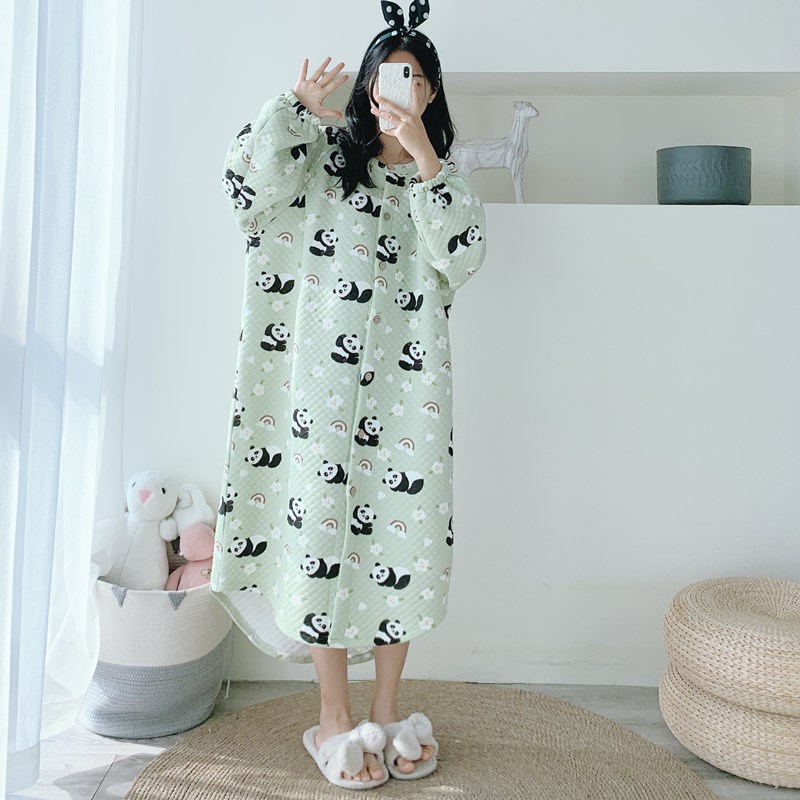 婴儿棉加厚开衫i哺乳加长睡裙加大码胖MM200斤孕产妇秋冬三层夹棉