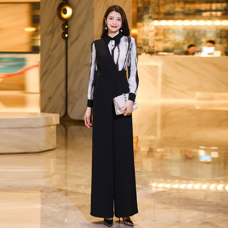 黑色超火高档拼接连体裤女初秋2024新款气质女神P范百搭阔腿裤110