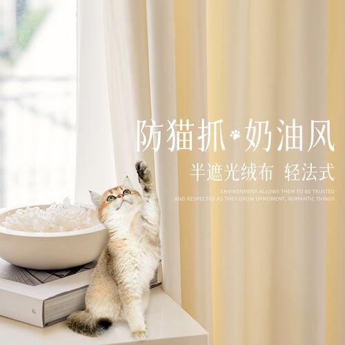 绒布窗帘奶油白法式简约ins奶油风2024新款P窗帘布客厅隔断帘飘窗