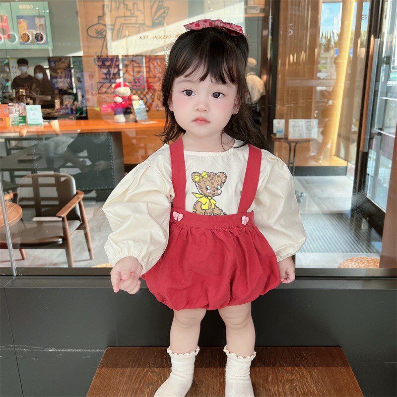 网红女宝宝秋装背带裤套装2025B春季新款婴儿衬衫韩版两件套小女