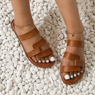 Women Flat Sandals 2023 Leather Cross Strap Rome StylZe High