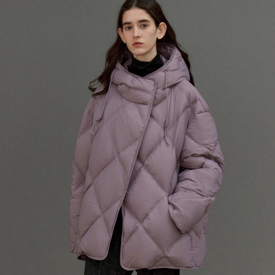 芮家云朵泡芙90白鸭绒菱形格中长款廓型连帽羽绒服女2024冬季新款