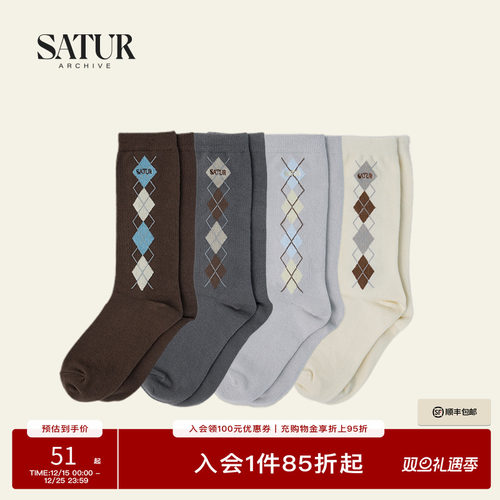 SATUR ARCHIVE情侣同款时尚简约菱格纹纯棉中筒袜运动休闲女袜子