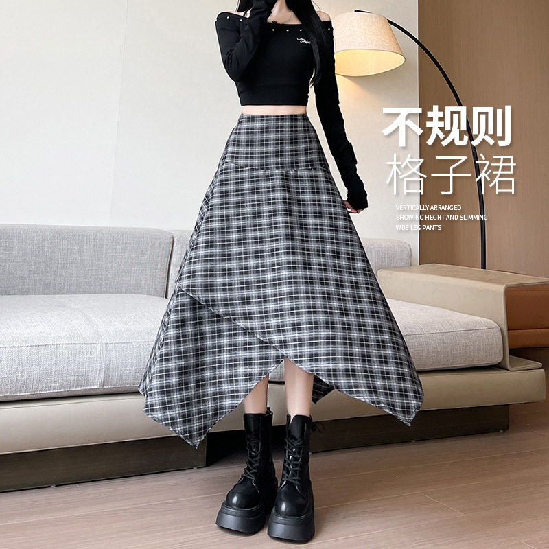 不规则半身裙女秋冬新款格子高腰显瘦a字复古风显瘦百褶中长裙子