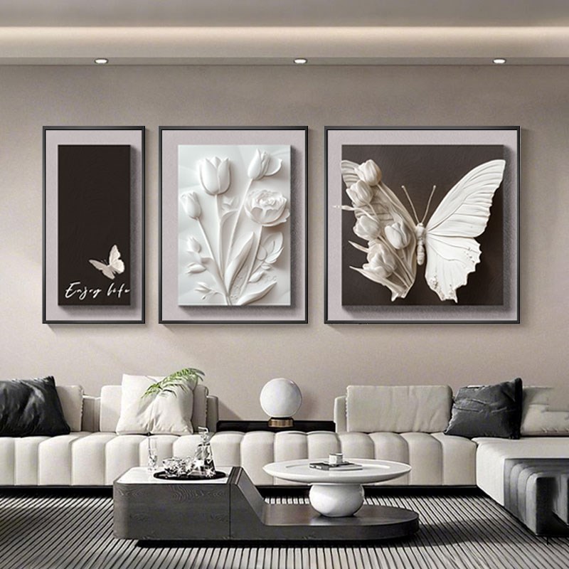 黑白蝴蝶客厅装饰画高级感沙发背景墙挂画现代轻奢花卉立体三联画图片