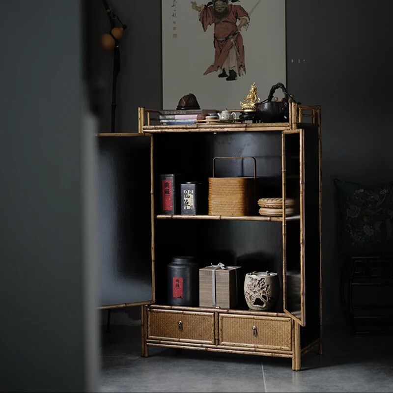 老料梅鹿竹 落地茶柜 茶具收纳展示柜 带柜门抽屉 明式家具置物柜