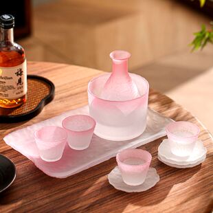 家用烫酒壶小酒杯酒盅 围炉冰茶工具妃粉玻璃清酒壶清酒杯酒具套装