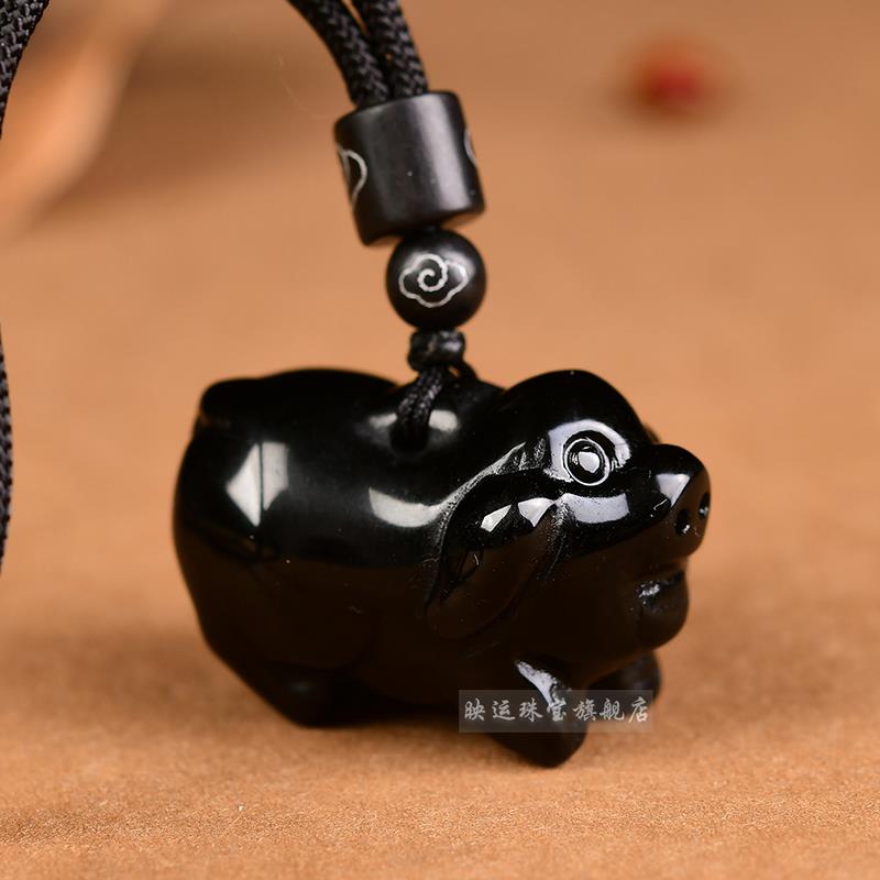 天然黑曜石猪吊坠十二晶生肖手工雕黑小刻水立体猪福猪项坠202311
