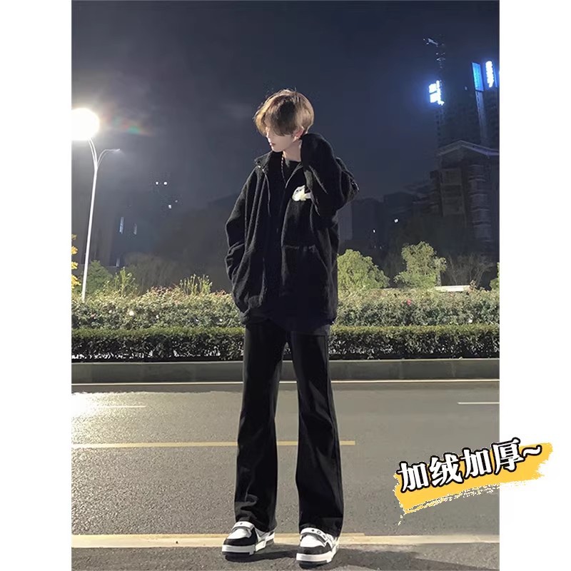 美式裤子高街纯黑色修身微喇加绒加厚牛仔裤男款显高直筒裤秋季长