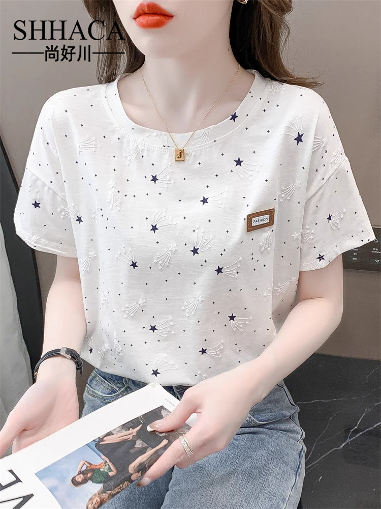 Shhaca纯棉印花t恤女子短袖夏季连衣裙新宽松印花设计百搭t恤上衣