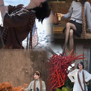 赫本波点真丝棕长巾复古咖色圆点斜角丝巾100%桑蚕丝飘带黑白围巾