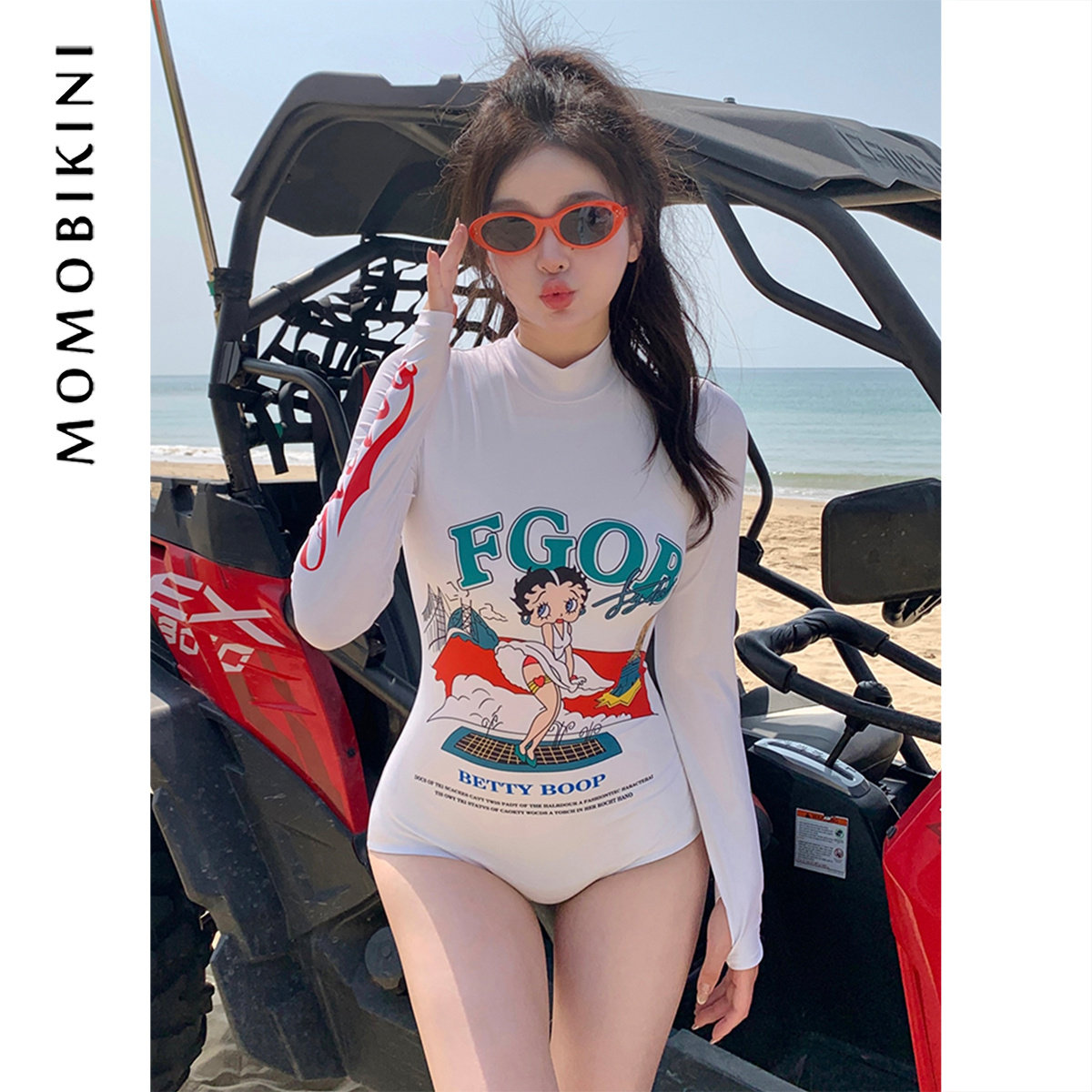 沫初见新款性感连体长袖度假泳衣女保守学生显瘦少女士泡温泉泳装