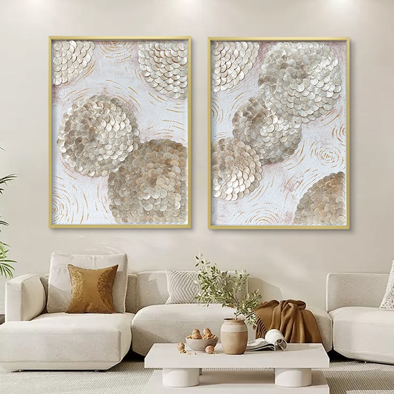 创意轻奢金色贝壳装饰画欧式几何艺术手绘油画客厅卧室背景墙挂画图片