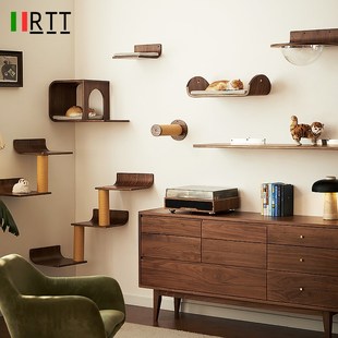 RTT黑胡桃实木猫爬架猫窝一体墙壁式不占地实木猫抓柱猫跳台