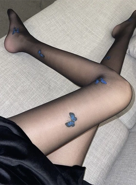 新款白色纯欲风jk仙女蓝色蝴蝶印花黑丝薄款打底裤女丝滑性感丝袜