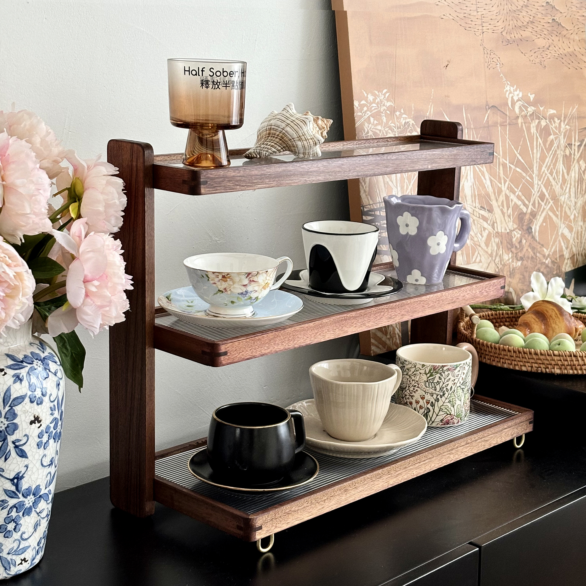 樱桃实木茶具水杯置物架梯形多层