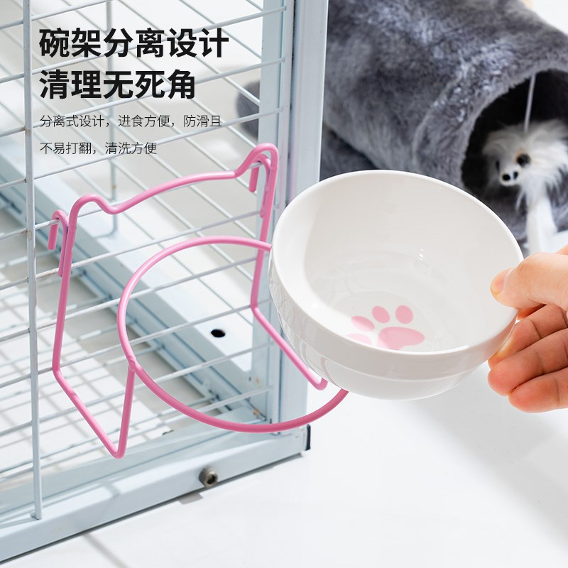 挂笼猫碗陶瓷双碗猫食盆宠物喝水碗饭碗狗粮碗防打翻斜口猫咪