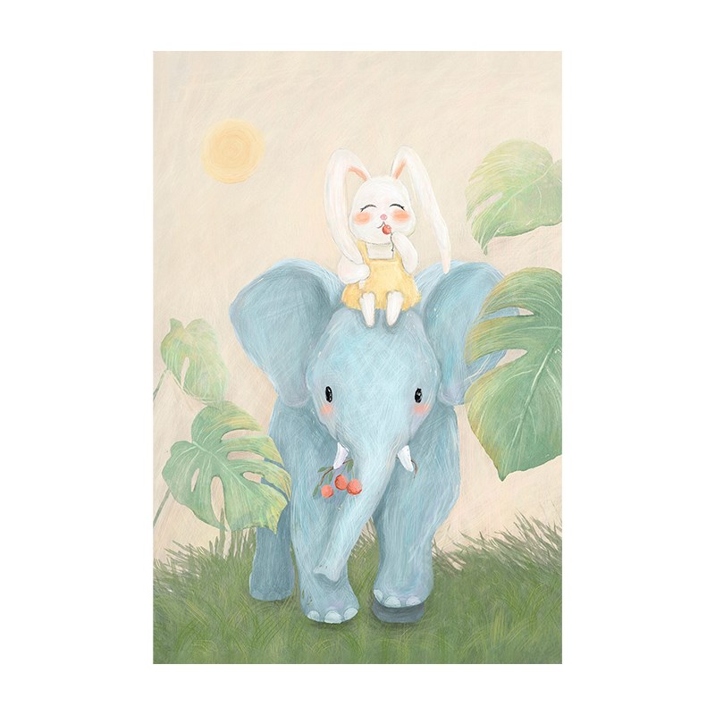 兔子大象手绘油画儿童房间卡通动物装饰壁画客厅玄关系小挂画图片