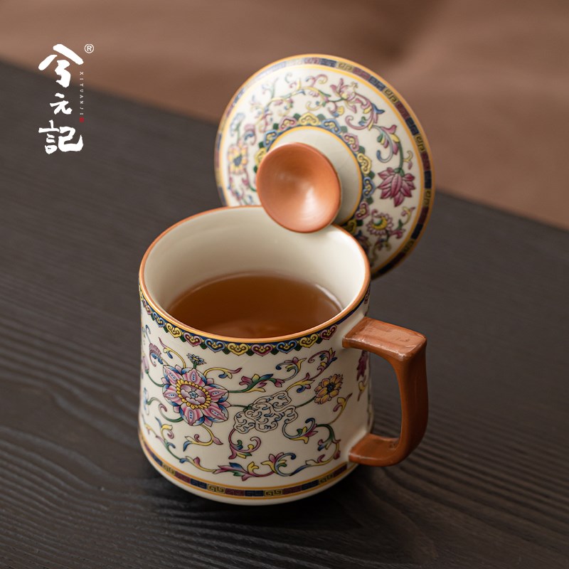 缠枝莲汝窑陶瓷马克杯带盖水杯中式茶杯办公室杯子个人