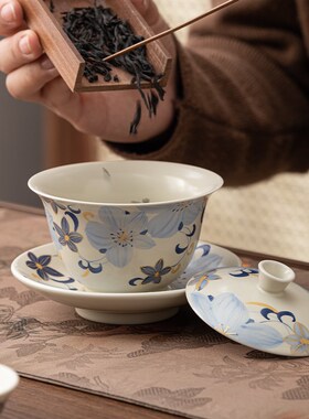 灵兰百合盖碗茶杯家用办公陶瓷三才盖碗功夫茶具敬茶碗高档泡茶碗