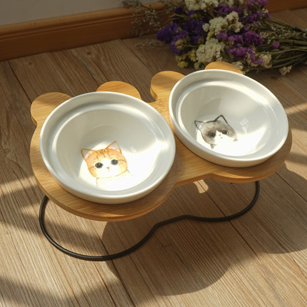 宠物碗架水碗猫碗双碗固定陶瓷猫碗架可爱狗碗猫食盆倾斜保护颈椎
