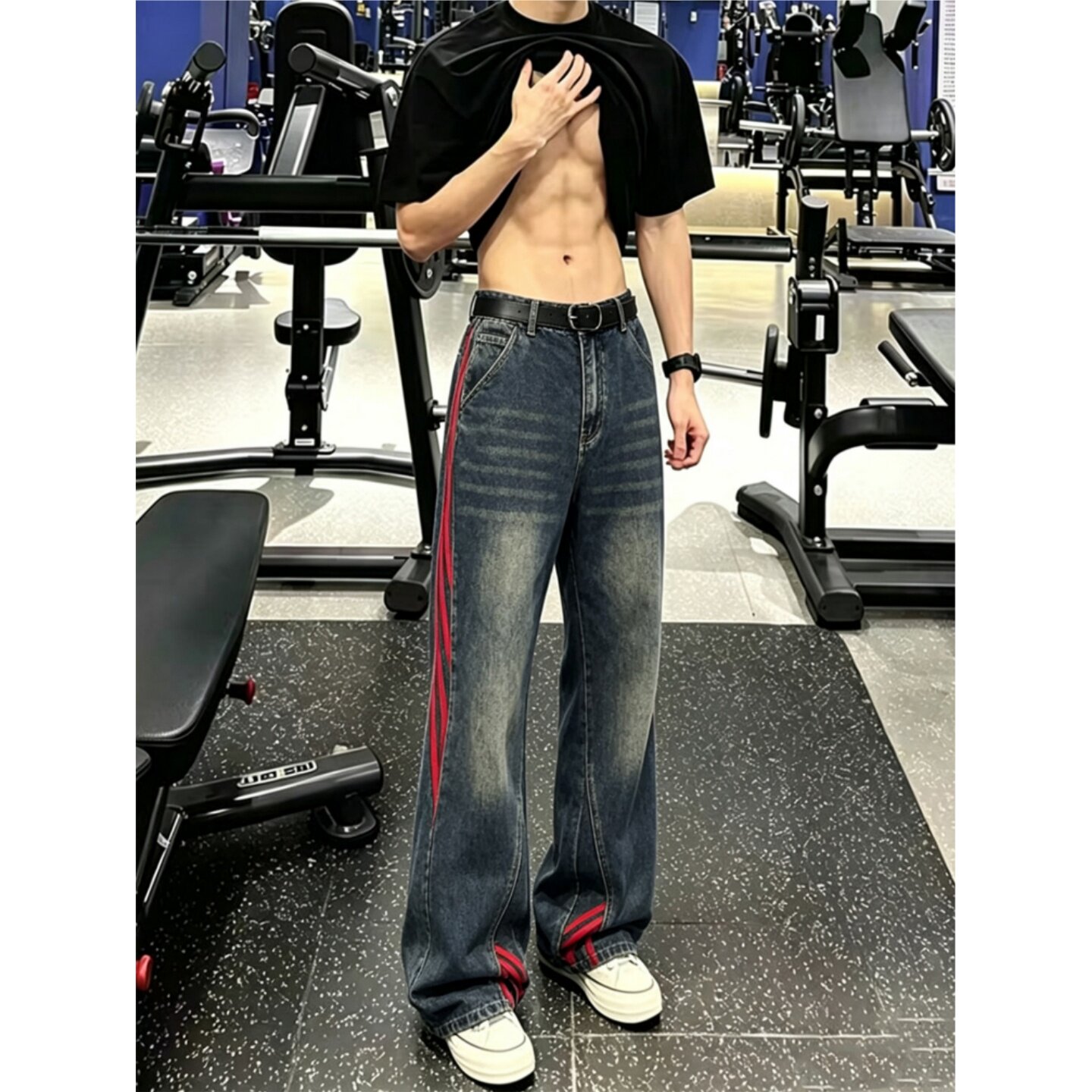深蓝色复古条纹水洗牛仔裤男秋季vibe裤子美式高街显瘦微喇休闲裤