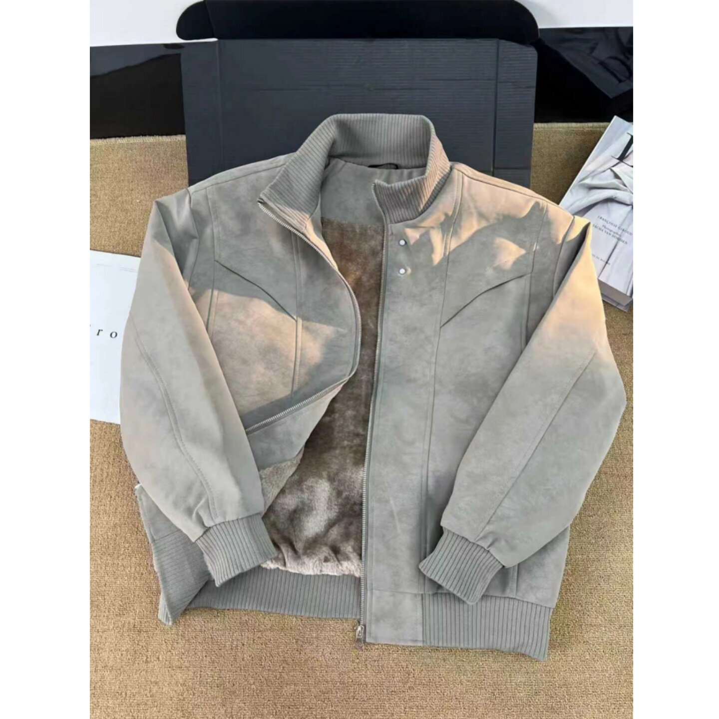 美式解构PU皮立领加绒加厚棉服