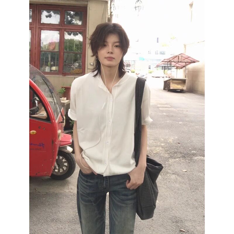 白色美式正肩冰丝短袖衬衫男款夏季薄款凉感立领衬衣高级感半截袖