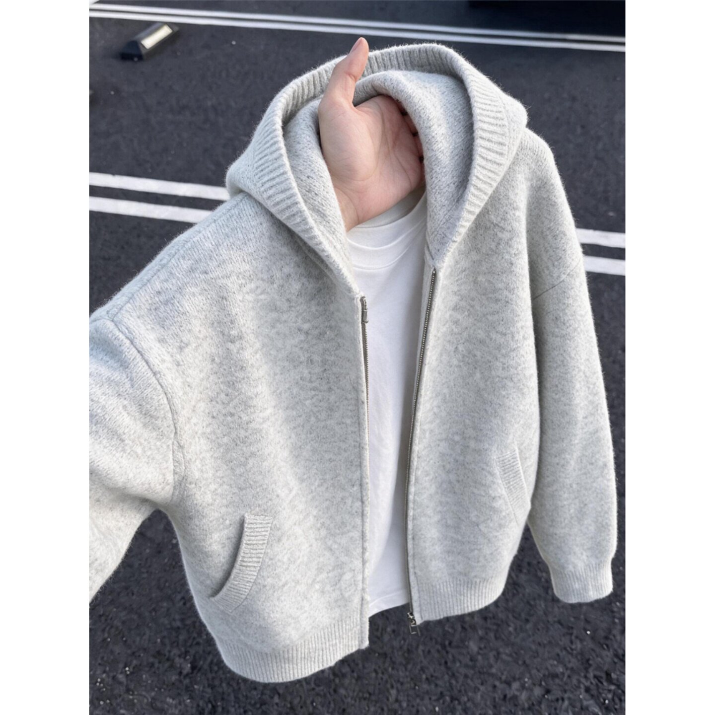 美式cleanfit拉链开衫毛衣男秋季慵懒风松弛感穿搭连帽针织衫外套