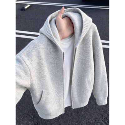 美式慵懒连帽拉链针织开衫男