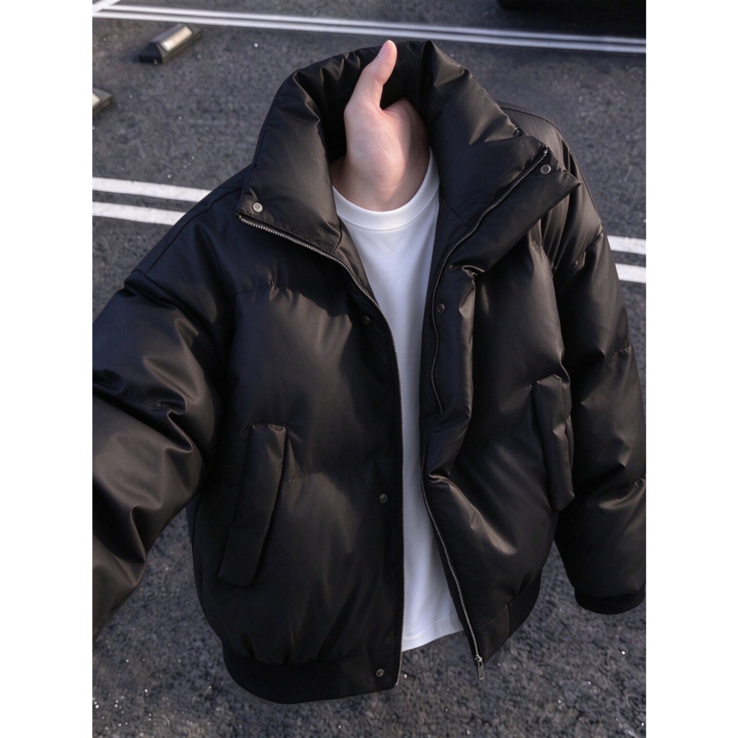 黑色复古PU皮加厚保暖男士棉服