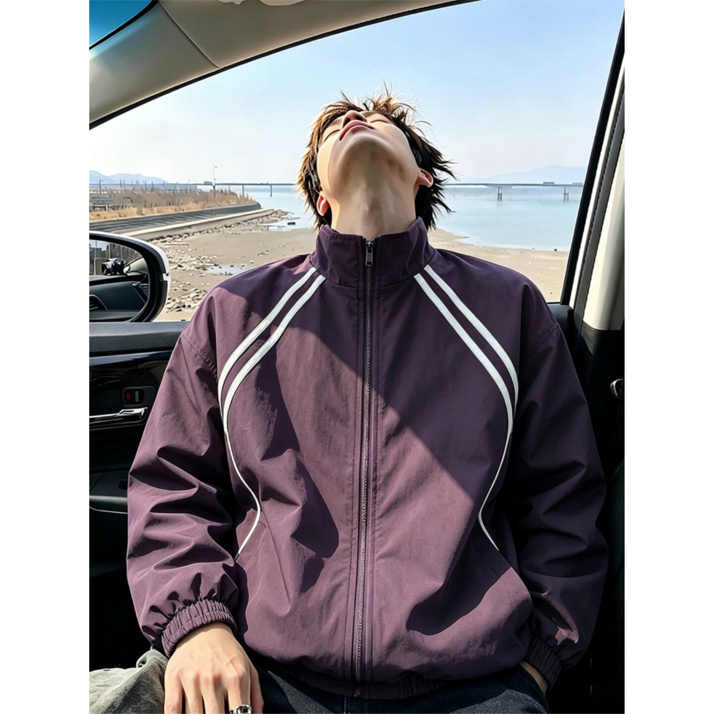 cleanfit莫奈紫立领飞行夹克外套男秋季拼接条纹棒球服三防冲锋衣