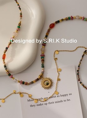 十里剑[红岩画卷]甜美清新的天然石头太阳吊坠串珠项链堆叠毛衣链