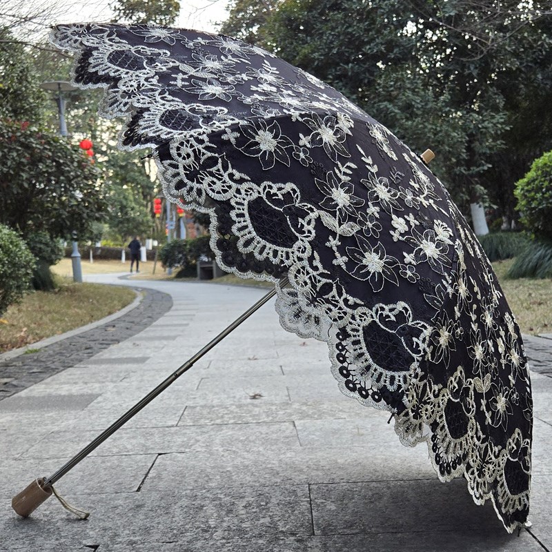 太阳伞复古刺绣花蕾丝花边折叠黑胶防晒防紫外线晴雨伞遮阳伞