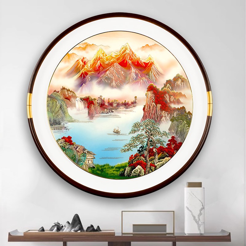 圆形铜雕画入户玄关装饰画牡丹铜板手工餐厅新中式走廊过道挂画图片