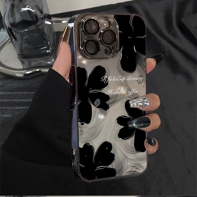 【殊色】黑色花朵苹果17air适用iPhone16Promax手机壳15pro新女款14Pro硅胶13promax全包镜头12Pro防摔保护套