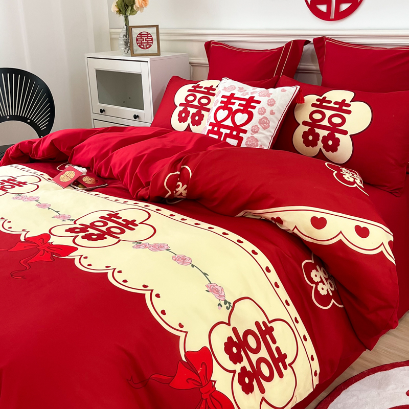 结婚四件大红色婚庆床单被婚房喜被新婚床笠式婚嫁床上用品