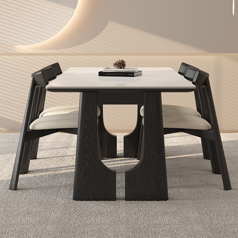 德利丰实木岩板餐桌椅黑色家用法式中古风20新款长方形桌椅